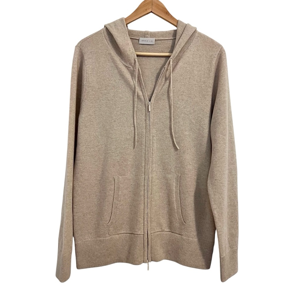JENNIE LIU 100% Cashmere Long Sleeve Zip Cardigan Hoodie Beige NEW without tags